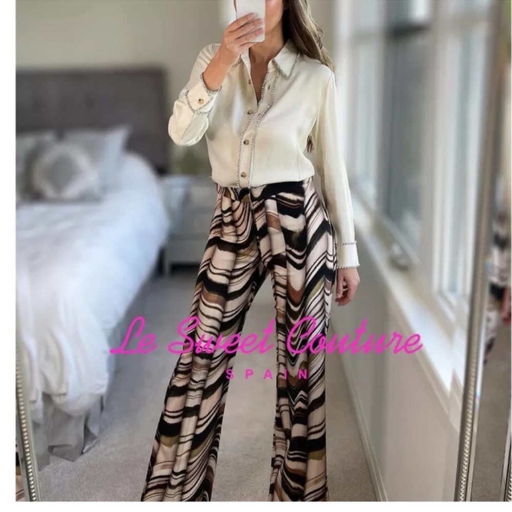 Zara black brown cream printed flared trouser pants Sz XS NWT - Picture 5 of 17